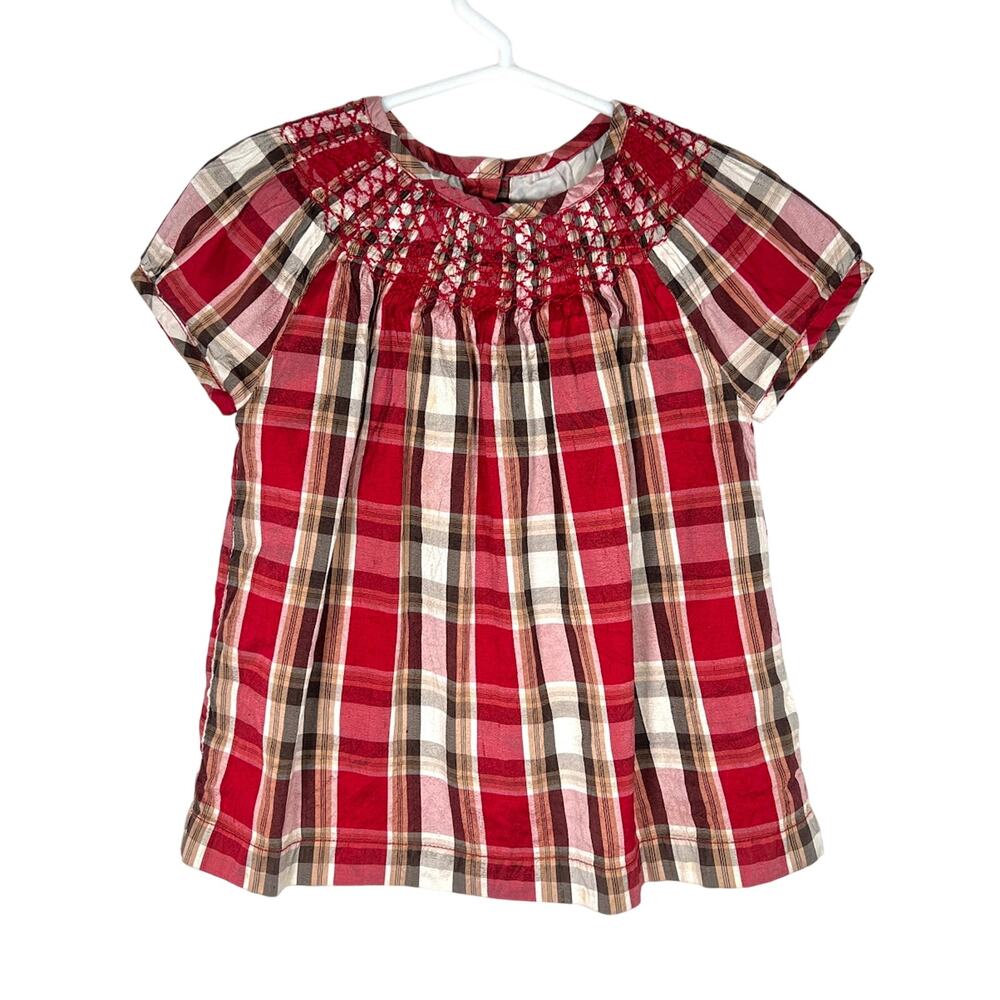 Janie & Jack Girl's Silk Smocked Neck Puff Sleeve Plaid Top 5T Red Button Back